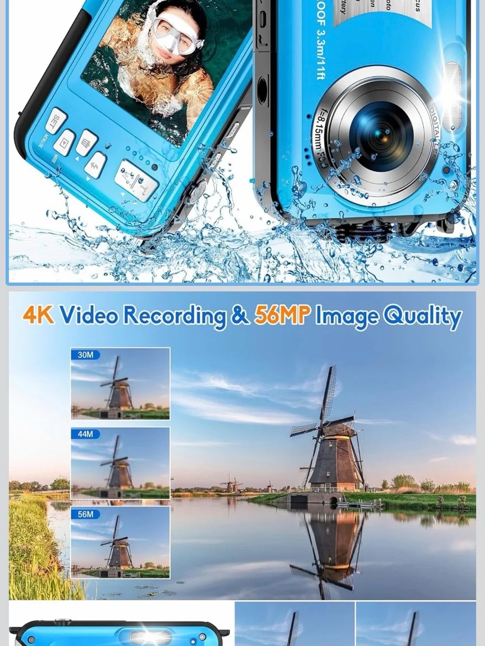 4K Waterproof Camera with 32GB Card Waterproof Digital Camera 56MP